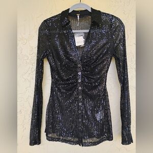 Free People Black Sequin Button-Up Top